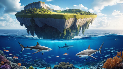 World Animal Day, Surreal fantasy illustration of a floating island in the middle of the ocean, with lush green landscape and cliffs above water, and an underwater world.