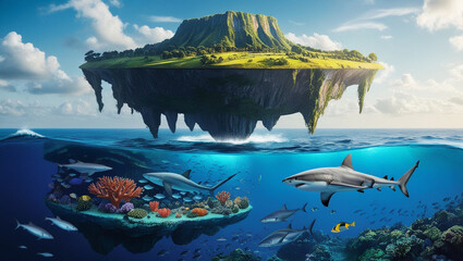 World Animal Day, Surreal fantasy illustration of a floating island in the middle of the ocean, with lush green landscape and cliffs above water, and an underwater world.