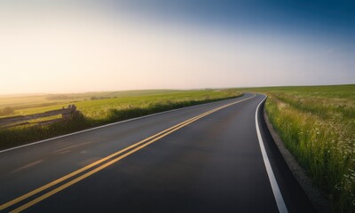 Obraz premium Curving road through grassy fields under a bright, hazy sky at golden hour