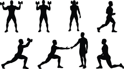 Fitness silhouettes, man lifting dumbbells, exercising, workout training, stretching exercises, strength building, healthy lifestyle, gym activities, personal training, fitness coaching concepts.