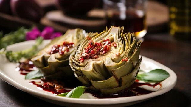 Savory artichokes with garlic sauce prepared in a cozy kitchen setting during the evening
