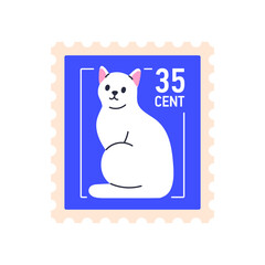 Cute cat on post stamp. Funny postage design with adorable feline animal, pet. Philately sticker for mail, souvenir. Postal mark. Flat vertical vector illustration isolated on white background