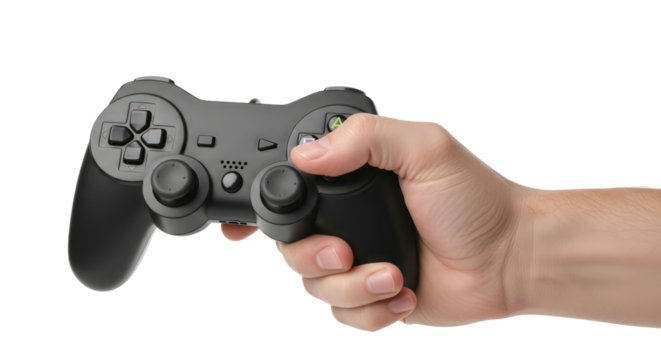 a hand grips a black gamepad ready to play, immersive gaming, virtual worlds await, isolated on transparent background