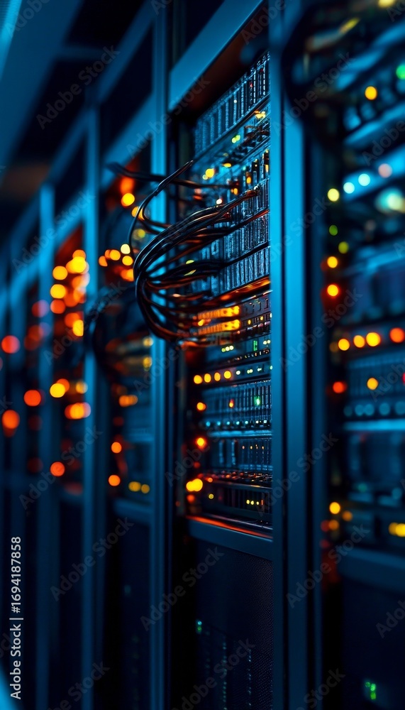 Poster advanced data center with illuminated technology infrastructure and networking hardware systems