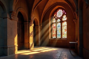 Fototapeta premium Barcelonas Architectural Embrace Sunlight Streaming Through Stained Glass, a Tranquil Refuge in the Ancient City