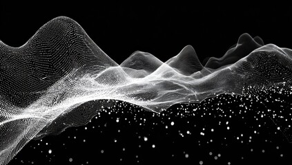 Abstract digital landscape with flowing white lines and particles on a black background