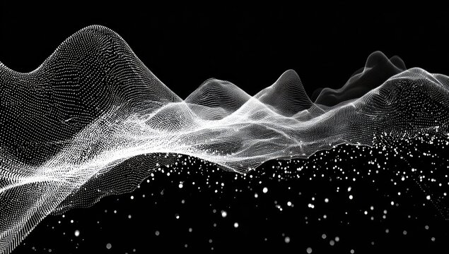 Abstract digital landscape with flowing white lines and particles on a black background