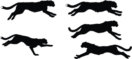 Running cheetah silhouette illustration, wild animal in motion, fast predator poses, jungle wildlife, perfect for design, logo, print, and decor. © Heyyy