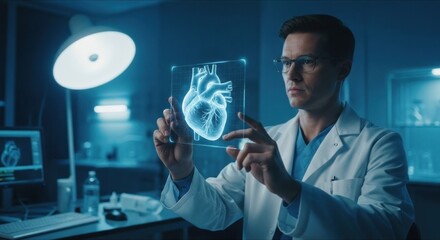 Doctor examining holographic heart in bright, modern lab