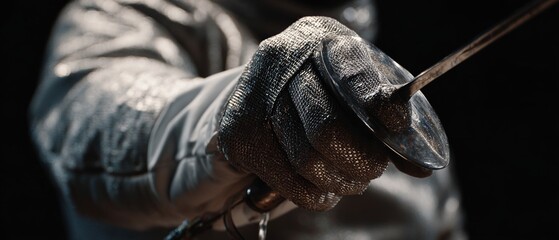 Close-Up of Fencer's Gloved Hand Holding Foil Sword in Action