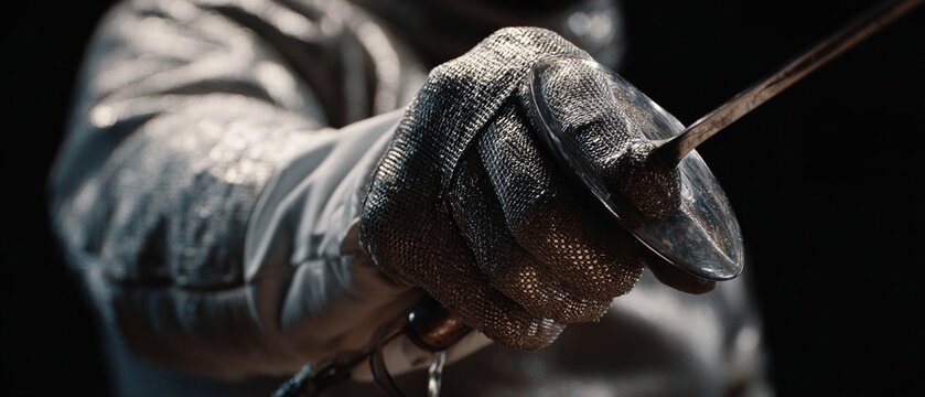 Close-Up of Fencer's Gloved Hand Holding Foil Sword in Action - Powered by Adobe