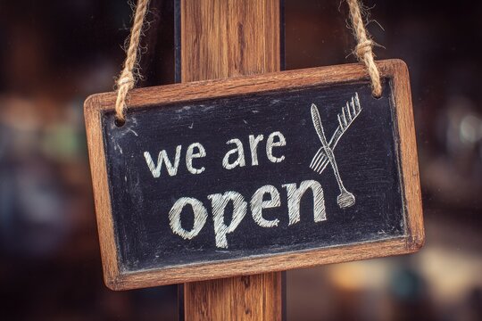 Rustic signboard announcing a business's opening - Powered by Adobe