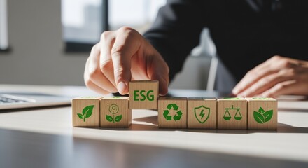 ESG concept hand placing block. Environmental sustainability, governance