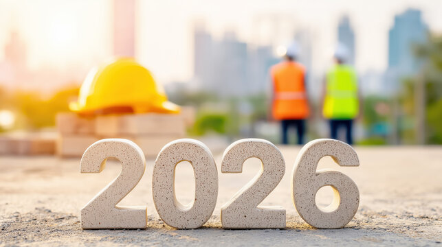 Construction Industry Vision for Future Growth in 2026 with Workers and Equipment in Background