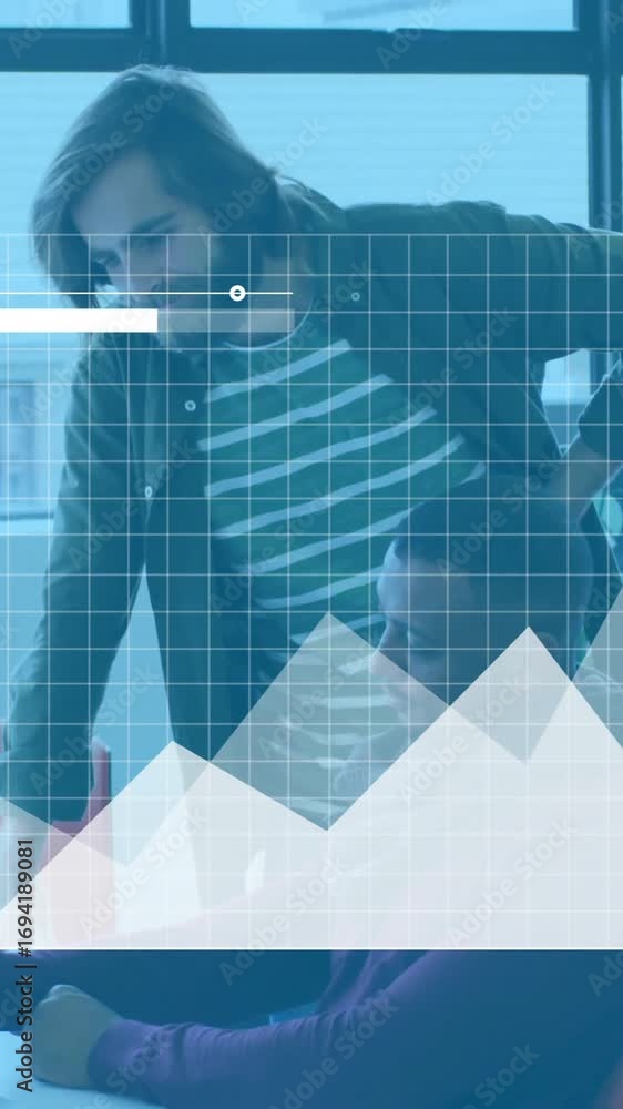 Poster animation of diagrams and data processing over caucasian colleagues working in office