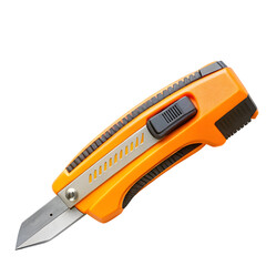 An orange utility knife with a black slider and silver blade, isolated on a transparent background, featuring a sharp cutting edge for various tasks