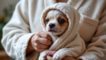 puppy wrapped in bathrobe, hand adjusting tie.