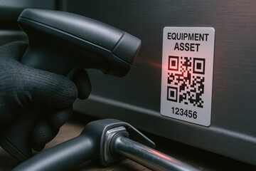 Hand scanning QR code of equipment asset for inventory management tracking system process