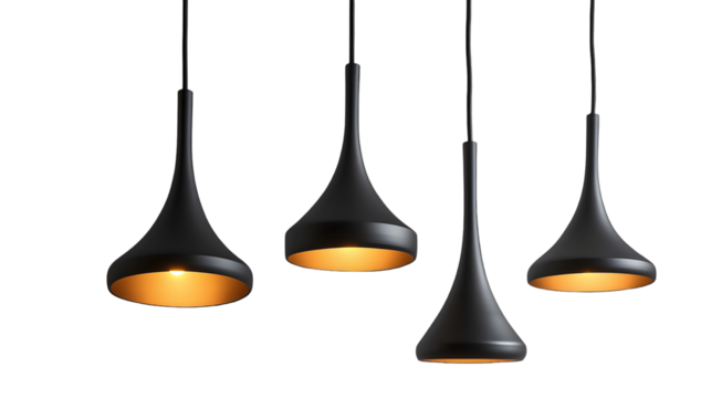 Elegant hanging pendant lamps installed in a minimalist modern home interior design isolated on a transparent background