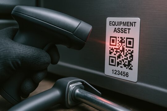 Hand scanning QR code of equipment asset for inventory management tracking system process