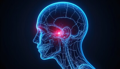 Glowing human head anatomy with illuminated brain signals offers a futuristic medical illustration insight