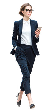 Stylish businesswoman in glasses walking and looking away while holding smartphone.
