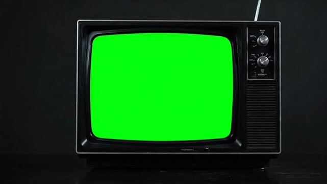 Vintage television set with green screen displaying blank space for creative projects and media production use cases