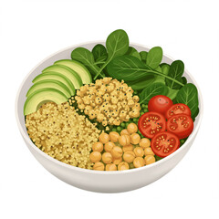 Healthy Vegan Buddha Bowl with Avocado, Quinoa, Chickpeas, Tomatoes and Spinach
