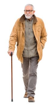 Front view of an elderly man walking with a cane outdoors