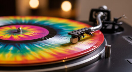 Groovy tie-dye vinyl record spinning on turntable offers vintage aesthetic and music enjoyment visuals