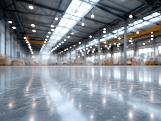 Polished concrete floor reflecting lights in large empty warehouse