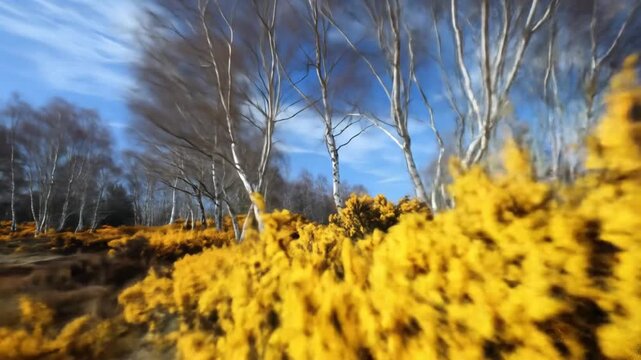 Vibrant yellow gorse flowers in bloom with bare trees against a blue sky