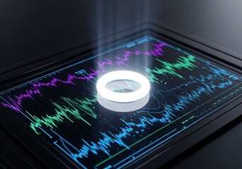 Glowing ring on screen displaying colorful waveforms futuristic technology concept high quality professional