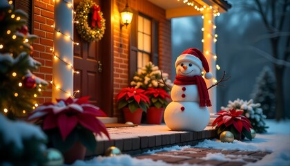 Cozy festive snowman on brick porch with warm lights and holiday decorations
