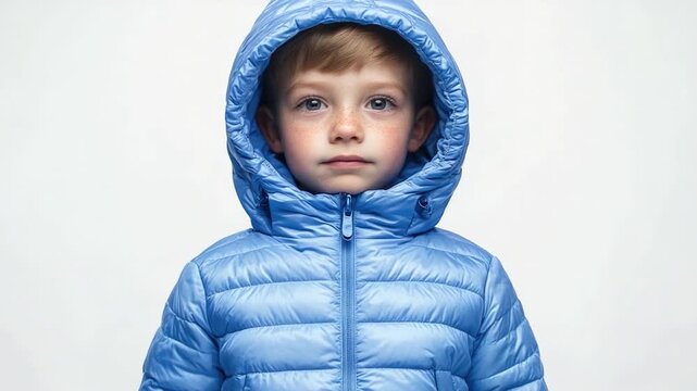 A young boy wearing a blue jacket and hood, perfect for use in illustrations or graphics related to childhood or outdoor activities