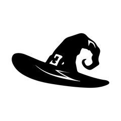 Black and white witch hat icon on white background. Halloween decor for party, showcase, card or invitation.