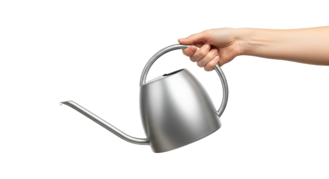 a hand holds a silver watering can, gentle watering, nurturing life, isolated on transparent background
