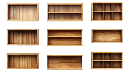 Empty wooden bookshelves and shelving units displayed isolated on a transparent background