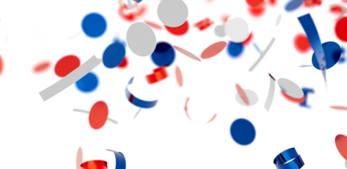 Falling confetti, red, white, blue circles and ribbons. Perfect for party, celebration, or festive backgrounds.