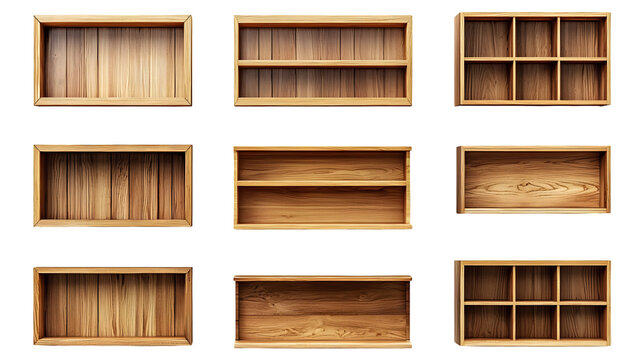 Empty wooden bookshelves and shelving units displayed isolated on a transparent background
