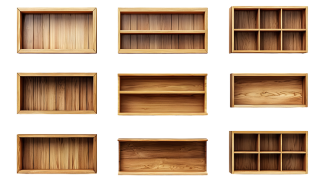 Empty wooden bookshelves and shelving units displayed isolated on a transparent background