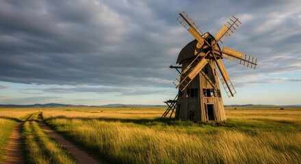 Rustic charm of an antiquated windmill against a dramatic sky over a golden field