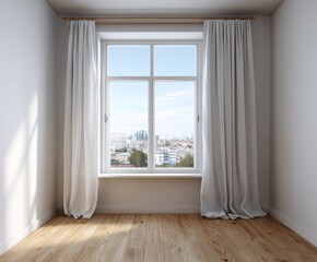 Fototapeta premium A bright, minimalist room with large window, showcasing a cityscape view and light-toned decor.