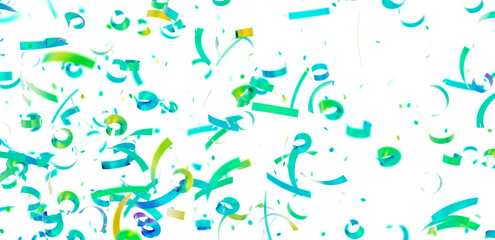 Vibrant teal and green confetti falling on white. Perfect for celebrations, party invitations, and festive designs.