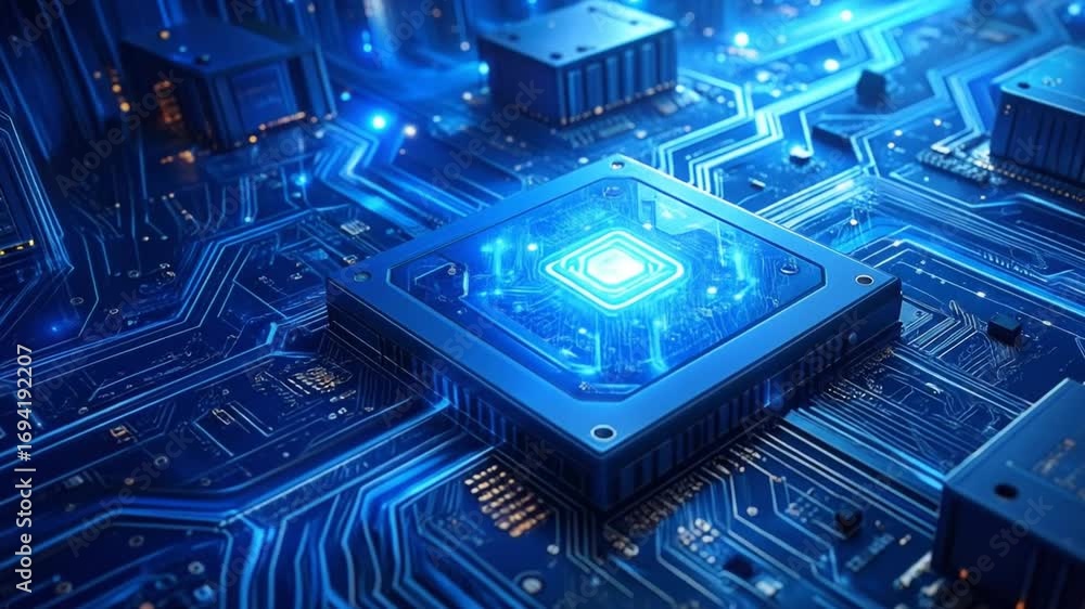 Poster illustrative depiction of computer hardware components and high-tech circuits visually presented