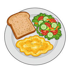 Healthy Breakfast Plate with Scrambled Eggs, Salad and Toast on White Plate