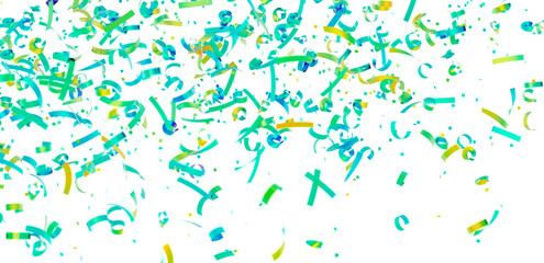 Bright teal and yellow confetti falling on white. Perfect for party invitations, celebrations, and festive designs.