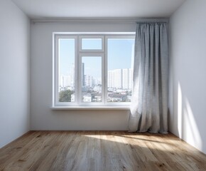 Fototapeta premium A spacious, light-filled room with a city view, showcasing a modern window and light gray curtains.