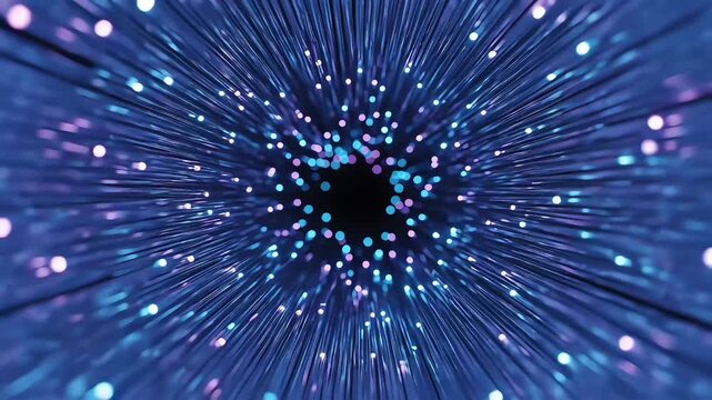 Abstract futuristic background of a digital light tunnel with glowing particles moving at high speed towards a central point