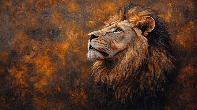 Majestic Lion Gazing Upward Against a Rustic Background
